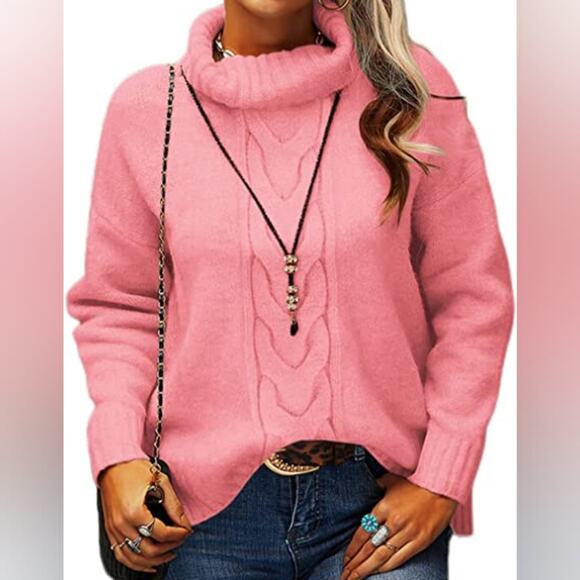 Sweaters - New Cable Knit Turtleneck Sweater Twist Knit Pink Long Sleeve Cozy Top Size M